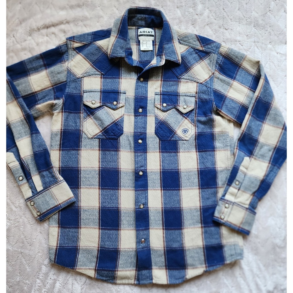 Ariat Mens Retro Fit Blue Cream Flannel Pearl Snap Western Shirt Medium